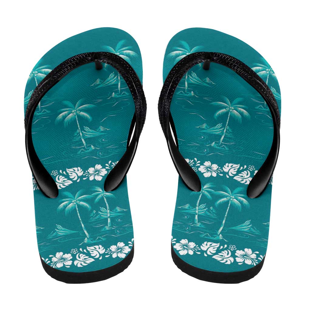 Cyan Hawaii Palm Tree Hibiscus Flip Flops Fantasy Summer Vibe