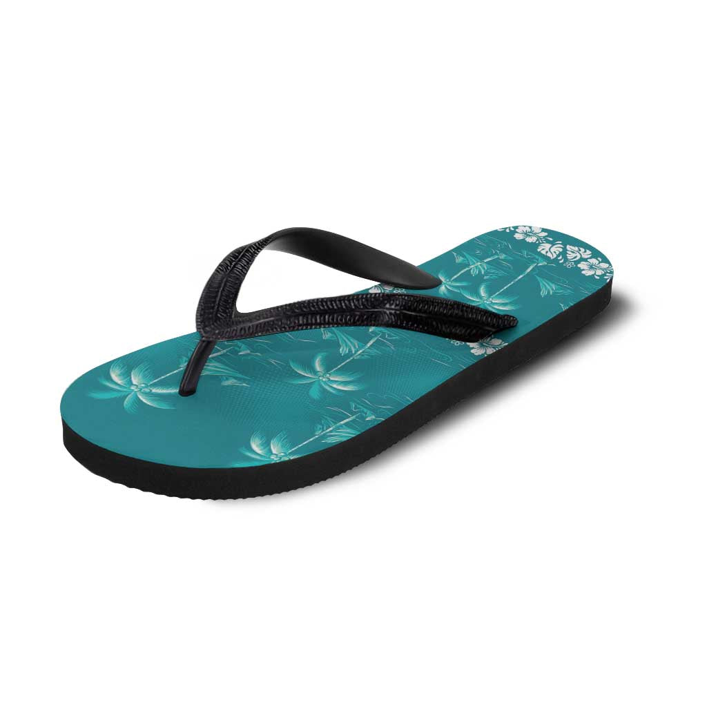 Cyan Hawaii Palm Tree Hibiscus Flip Flops Fantasy Summer Vibe