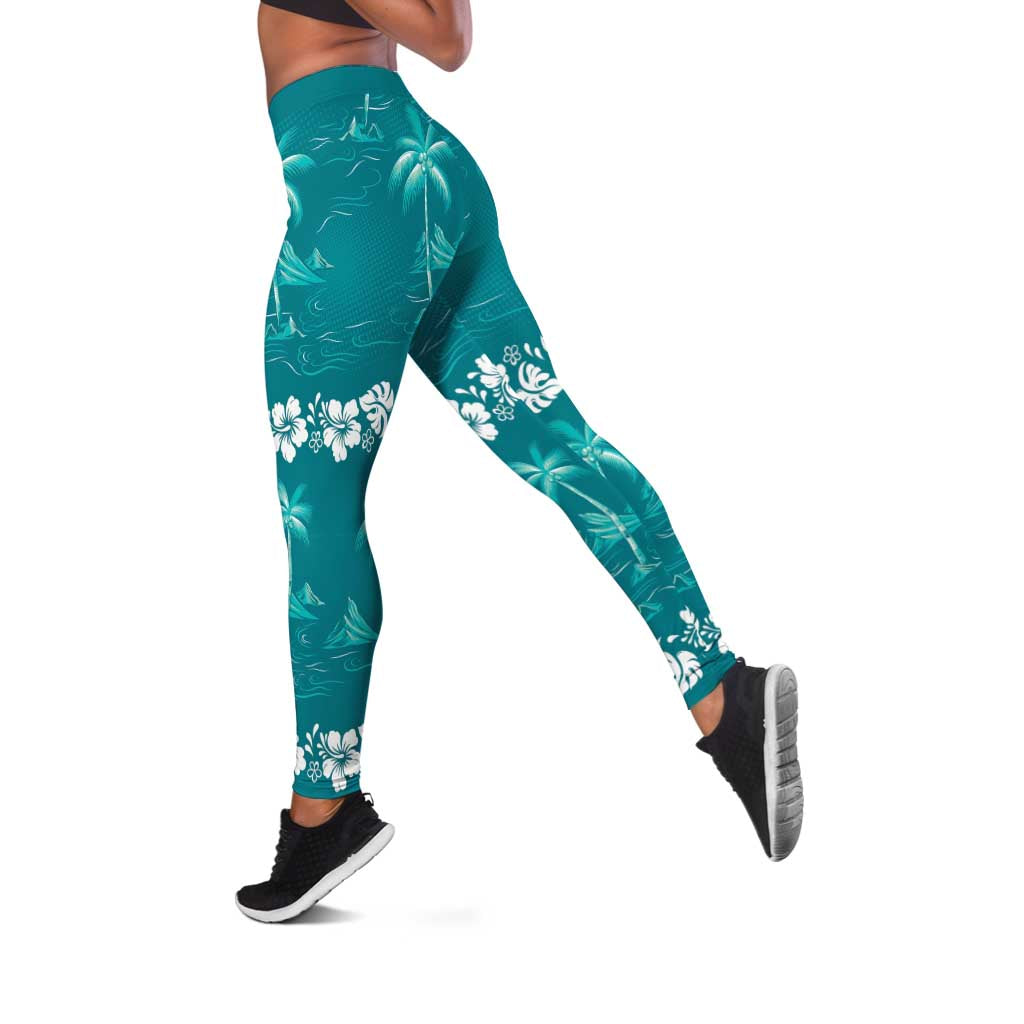 Cyan Hawaii Palm Tree Hibiscus Leggings Fantasy Summer Vibe LT01 Cyan - Polynesian Pride