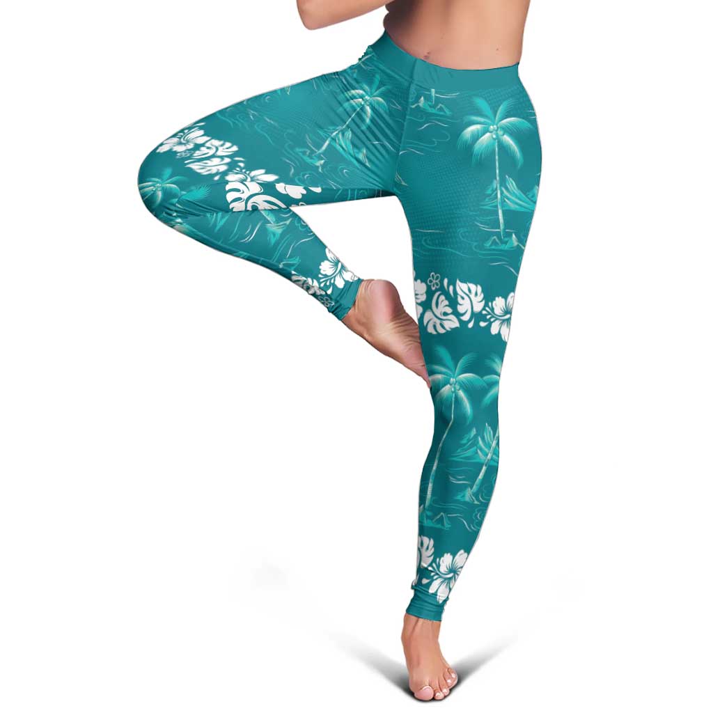 Cyan Hawaii Palm Tree Hibiscus Leggings Fantasy Summer Vibe LT01 - Polynesian Pride