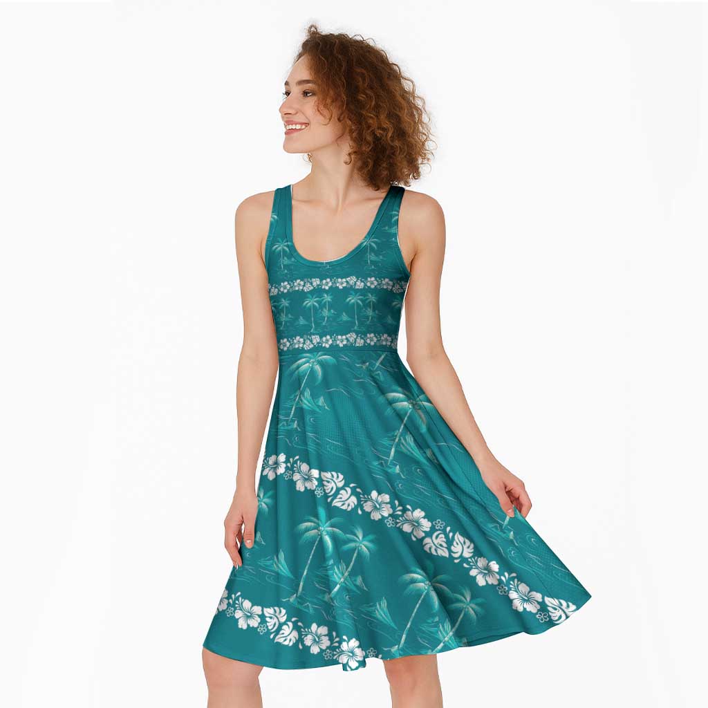 Cyan Hawaii Palm Tree Hibiscus Midi Dress Fantasy Summer Vibe LT01 - Polynesian Pride
