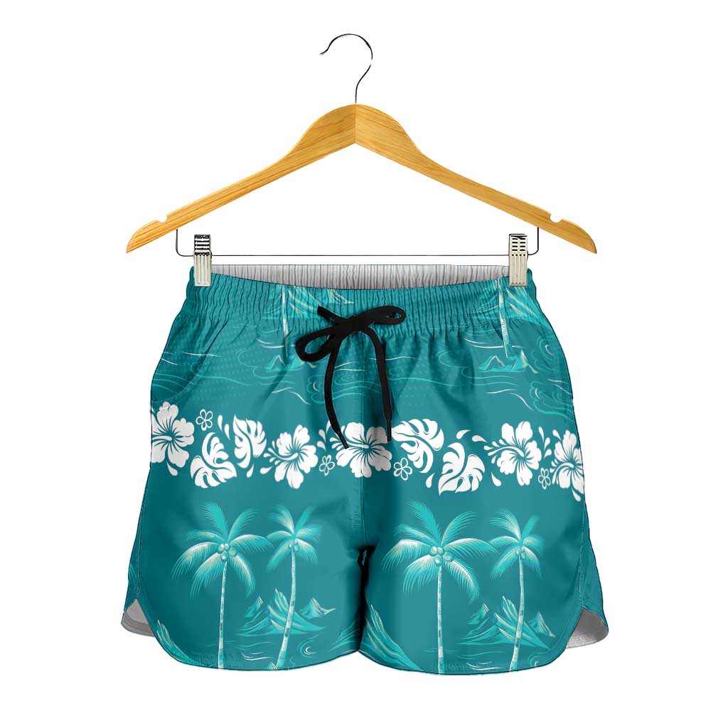 Cyan Hawaii Palm Tree Hibiscus Shorts for Women Fantasy Summer Vibe LT01 - Polynesian Pride