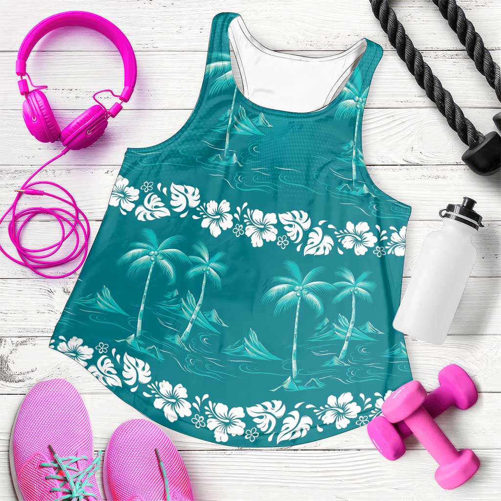 Cyan Hawaii Palm Tree Hibiscus Women Racerback Tank Fantasy Summer Vibe LT01 Cyan - Polynesian Pride