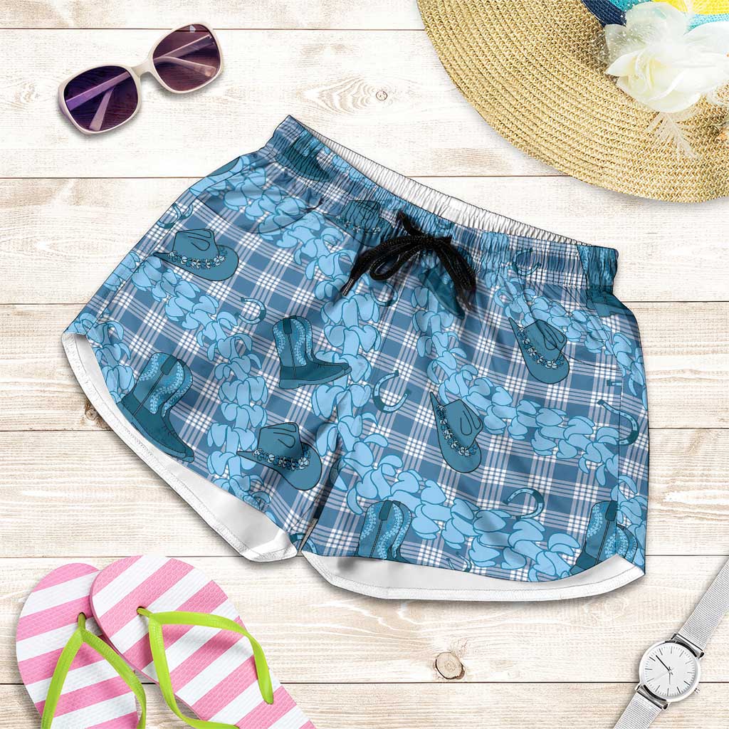 Cyan Palaka Hawaii Cowboy Shorts for Women Puakenikeni Lei Paniolo Papale Seamless Vibes - Polynesian Pride