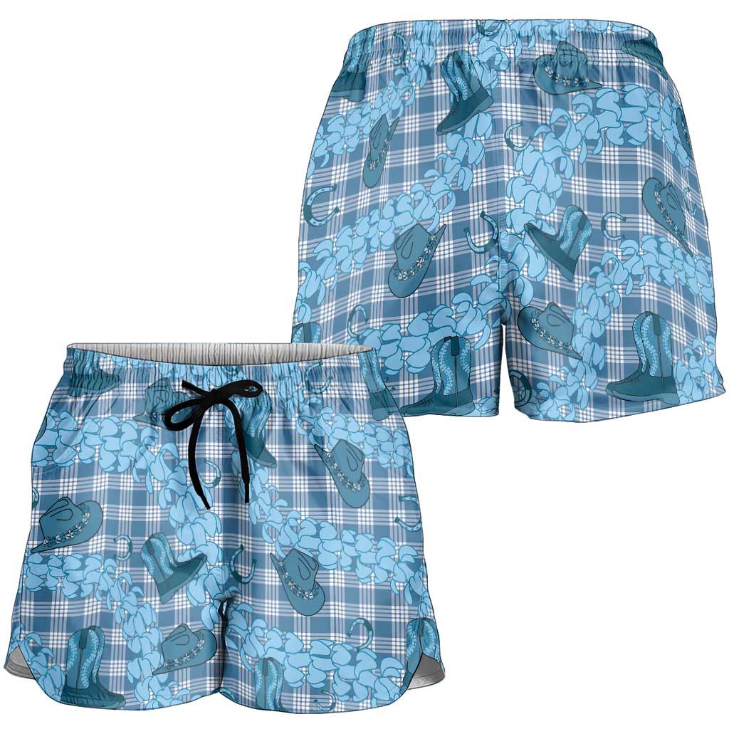 Cyan Palaka Hawaii Cowboy Shorts for Women Puakenikeni Lei Paniolo Papale Seamless Vibes LT14 - Polynesian Pride