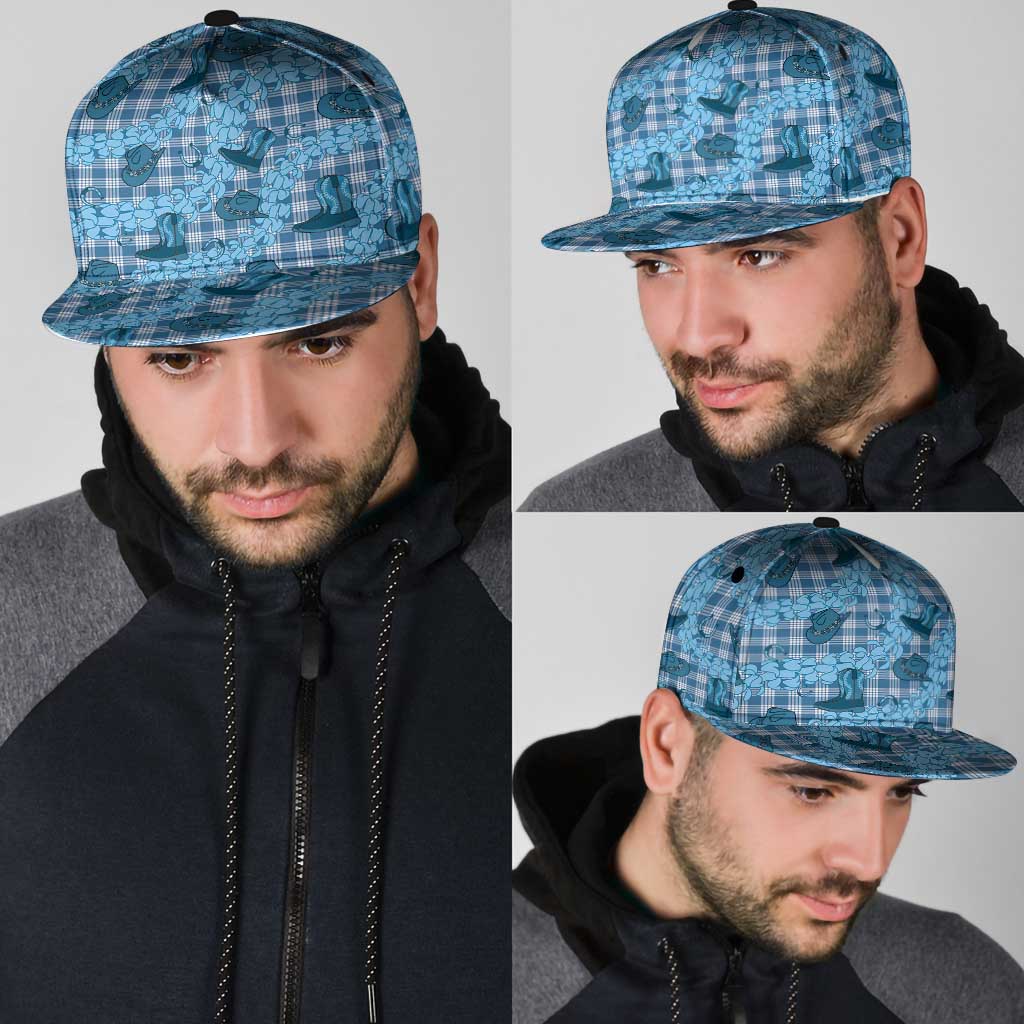 Cyan Palaka Hawaii Cowboy Snapback Cap Puakenikeni Lei Paniolo Papale Seamless Vibes - Polynesian Pride