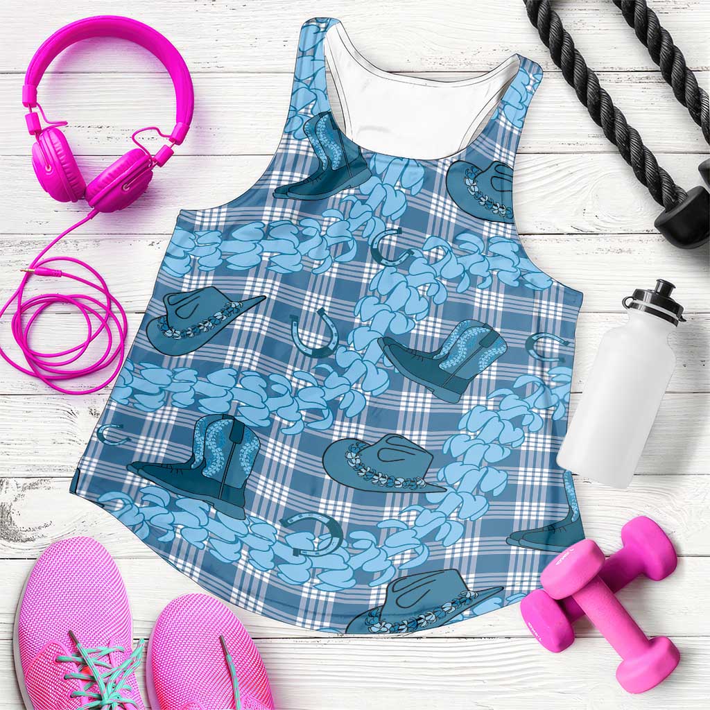 Cyan Palaka Hawaii Cowboy Women Racerback Tank Puakenikeni Lei Paniolo Papale Seamless Vibes LT14 Cyan - Polynesian Pride
