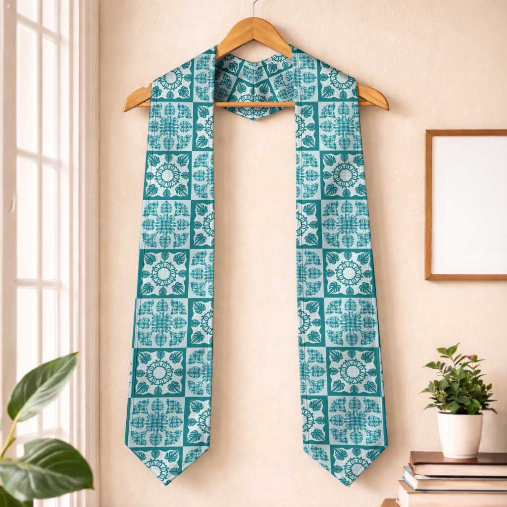 Cyan Palaka Quilt Hawaii Graduation Stole Hawaiian Tropical Monstera Sea Turtle