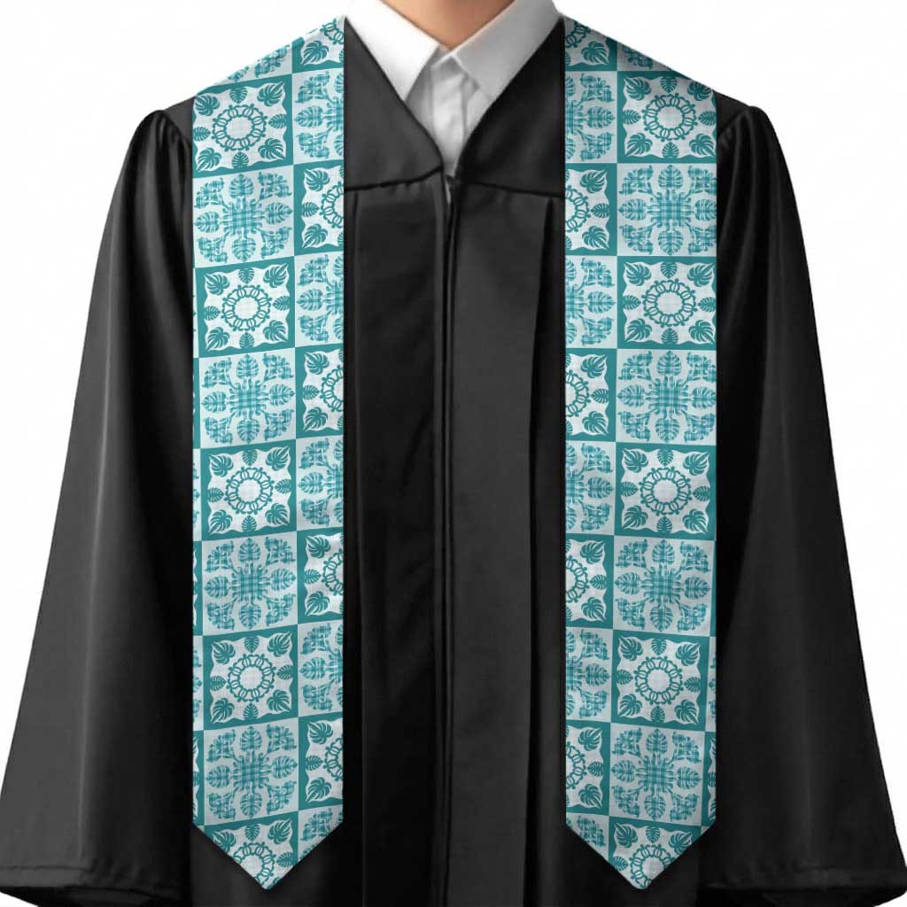 Cyan Palaka Quilt Hawaii Graduation Stole Hawaiian Tropical Monstera Sea Turtle