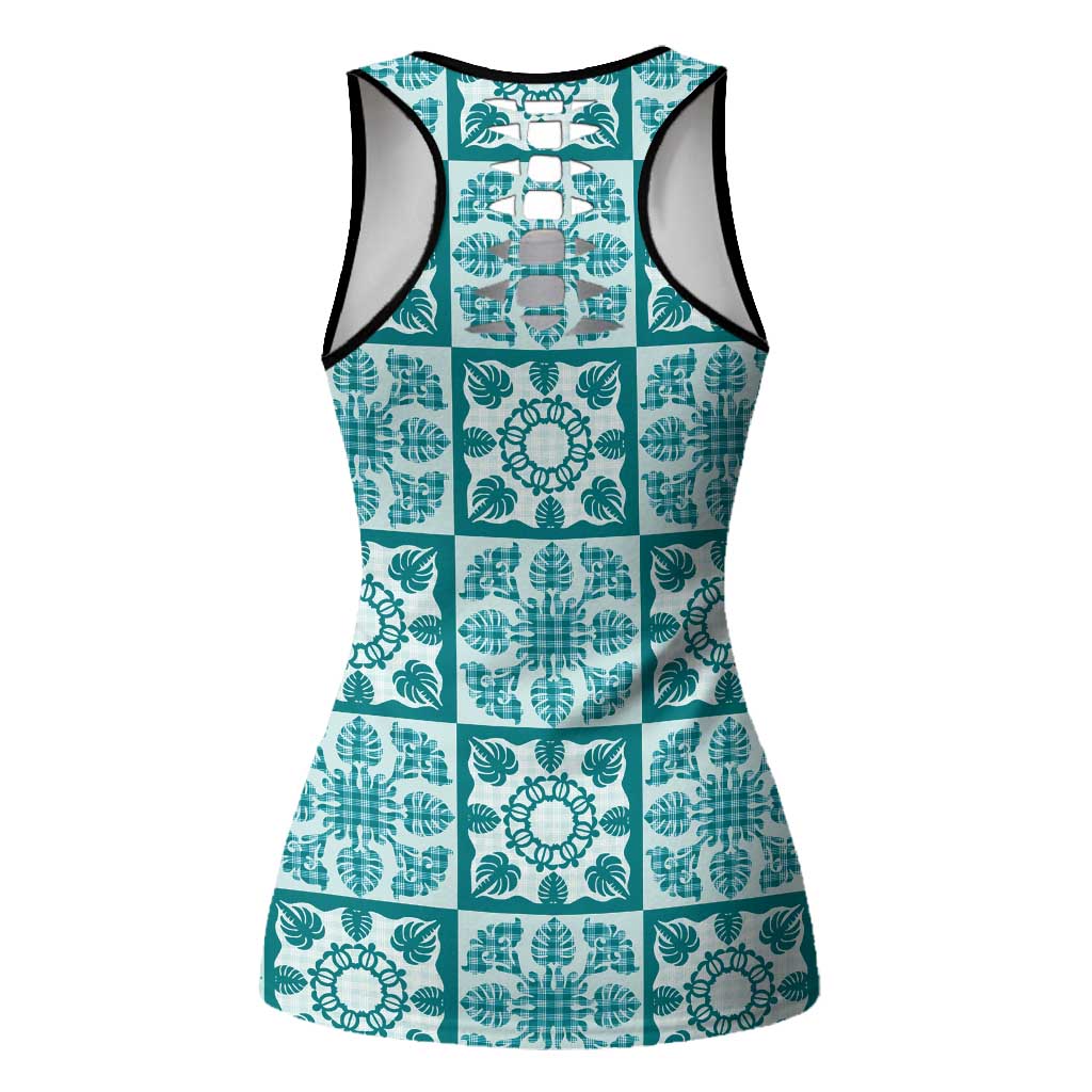 Cyan Palaka Quilt Hawaii Hollow Tank Top Hawaiian Tropical Monstera Sea Turtle
