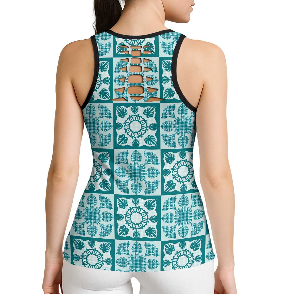 Cyan Palaka Quilt Hawaii Hollow Tank Top Hawaiian Tropical Monstera Sea Turtle