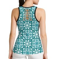 Cyan Palaka Quilt Hawaii Hollow Tank Top Hawaiian Tropical Monstera Sea Turtle