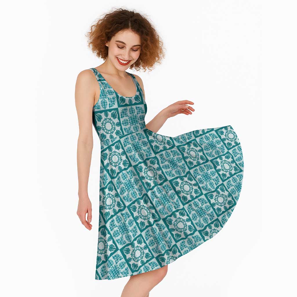 Cyan Palaka Quilt Hawaii Midi Dress Hawaiian Tropical Monstera Sea Turtle
