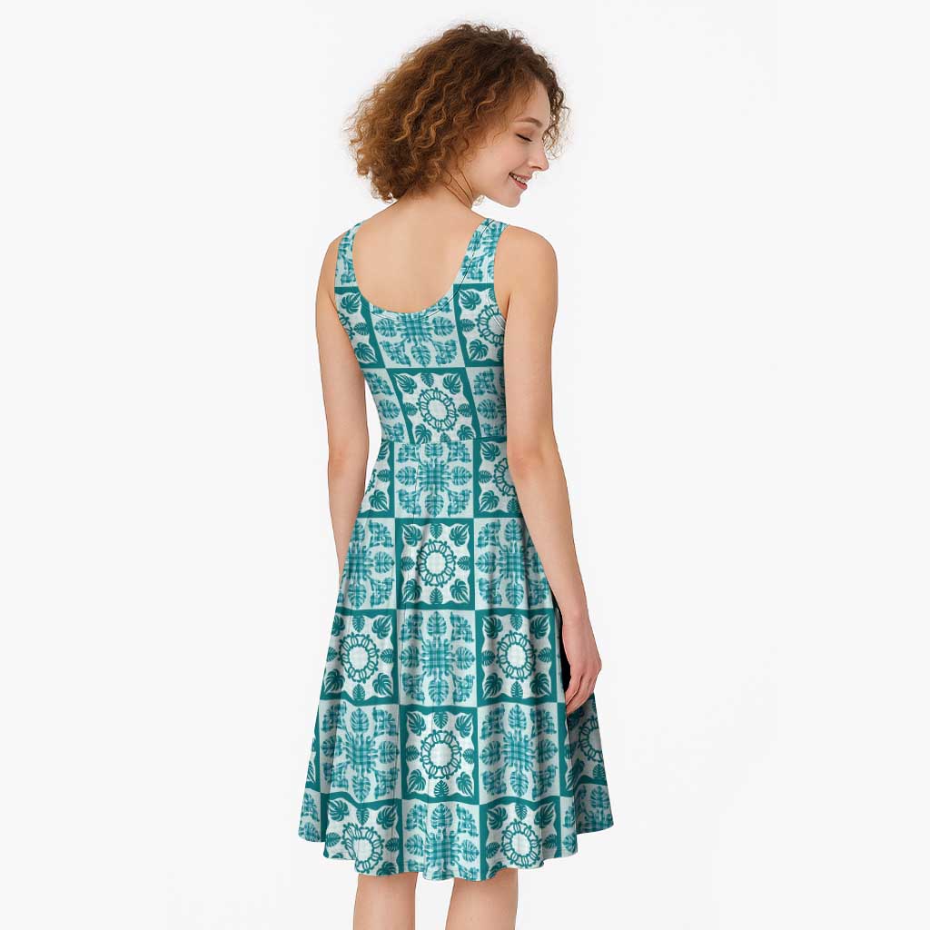 Cyan Palaka Quilt Hawaii Midi Dress Hawaiian Tropical Monstera Sea Turtle