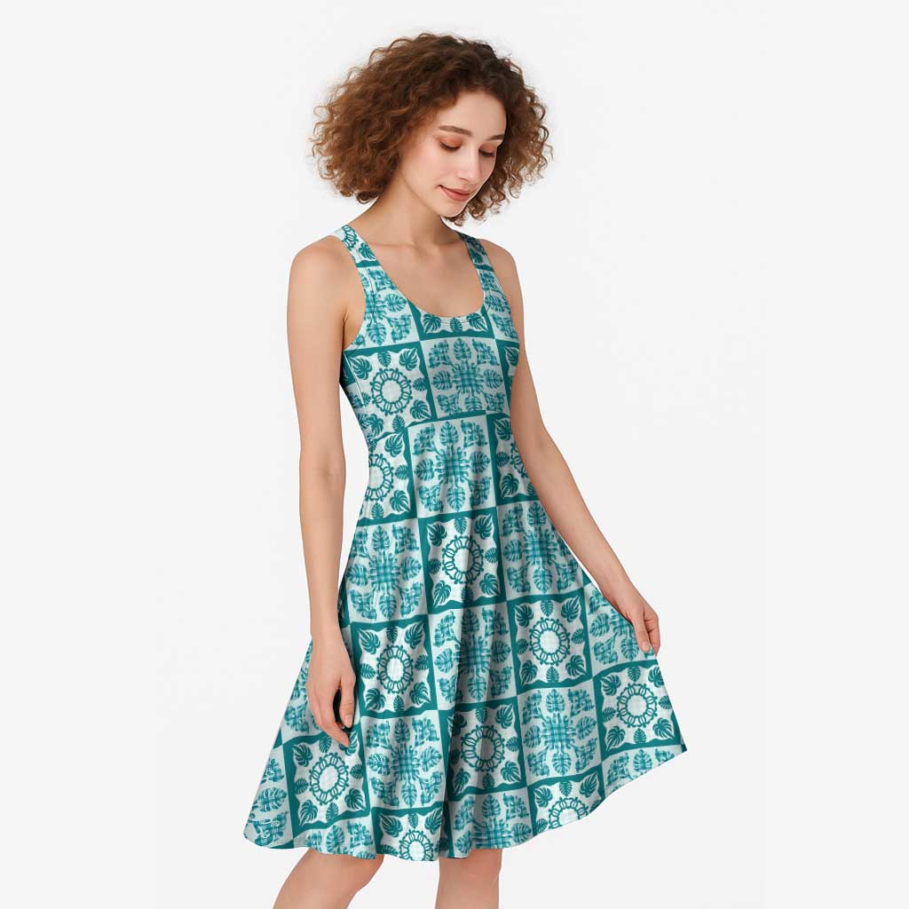Cyan Palaka Quilt Hawaii Midi Dress Hawaiian Tropical Monstera Sea Turtle