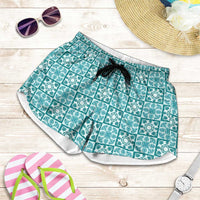 Cyan Palaka Quilt Hawaii Shorts for Women Hawaiian Tropical Monstera Sea Turtle