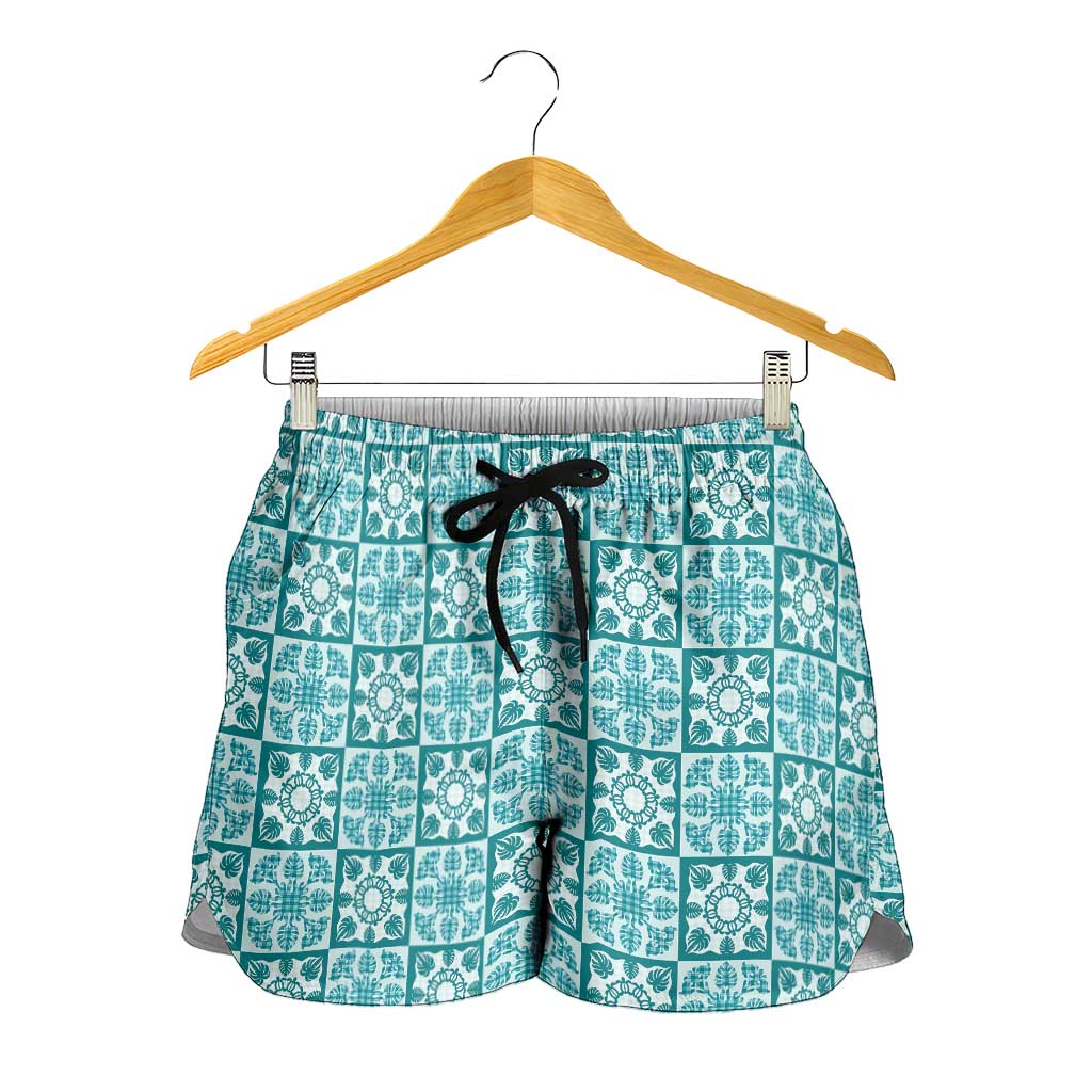 Cyan Palaka Quilt Hawaii Shorts for Women Hawaiian Tropical Monstera Sea Turtle