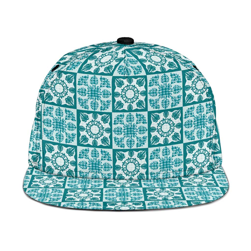 Cyan Palaka Quilt Hawaii Snapback Cap Hawaiian Tropical Monstera Sea Turtle