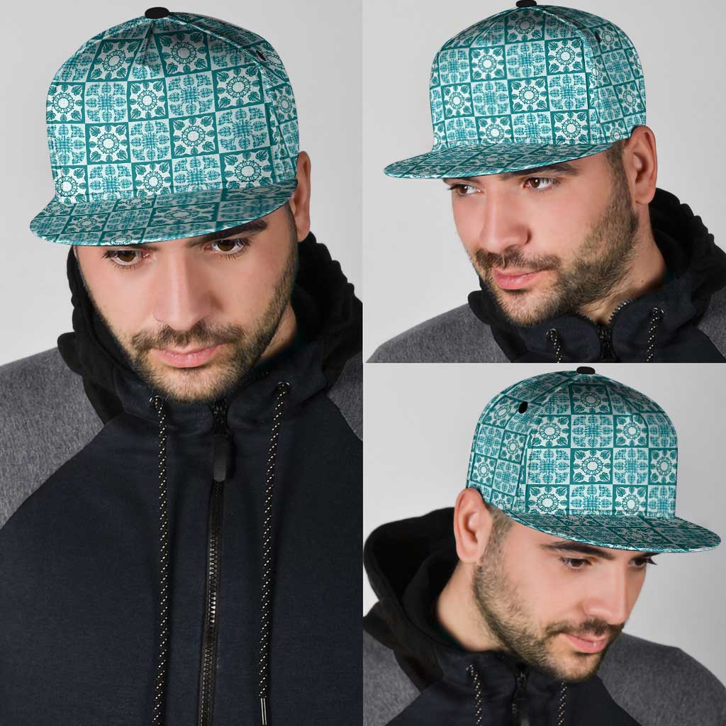 Cyan Palaka Quilt Hawaii Snapback Cap Hawaiian Tropical Monstera Sea Turtle