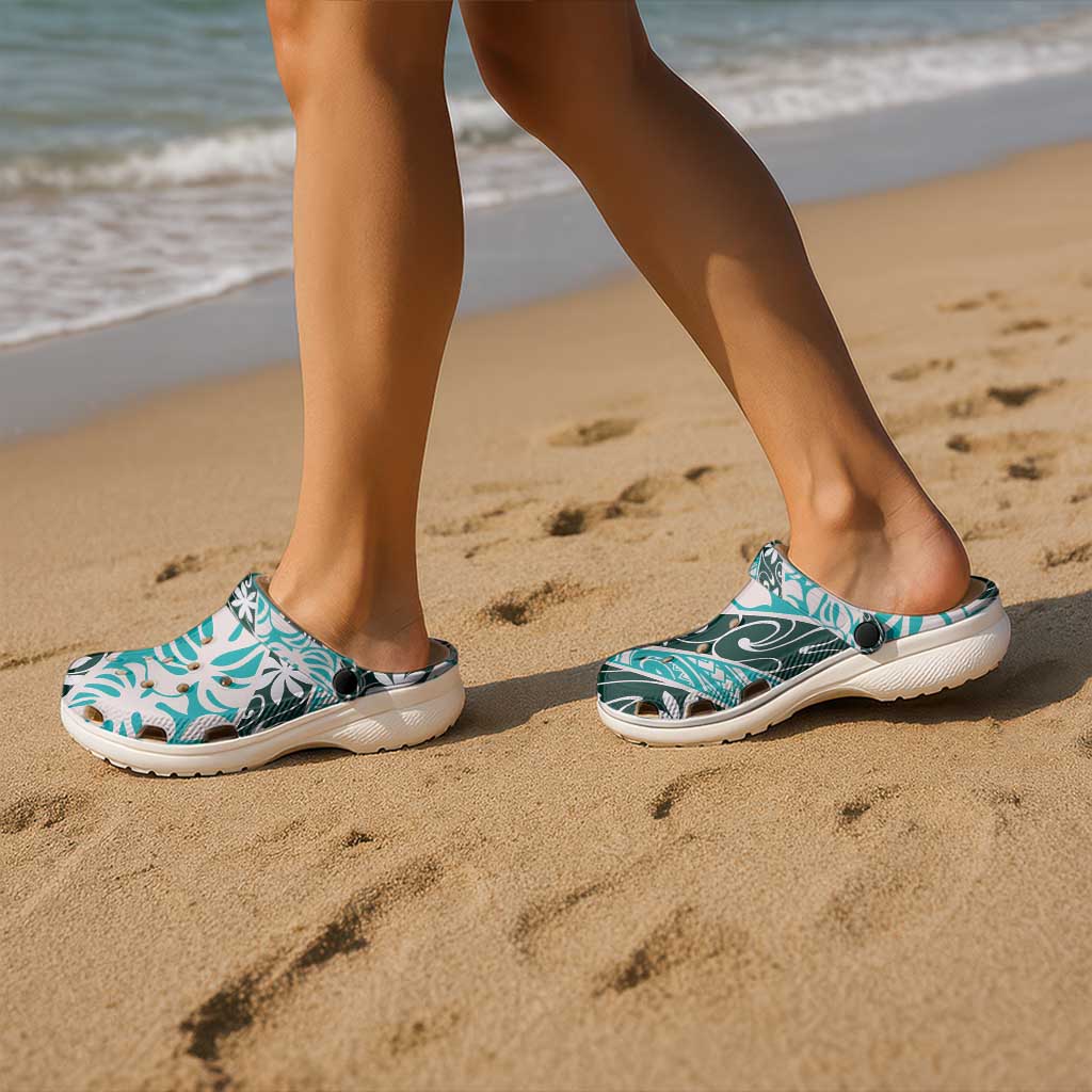 Cyan Tahiti Tiare Monstera Clogs Shoes Polynesian Pattern Curve Style - Polynesian Pride