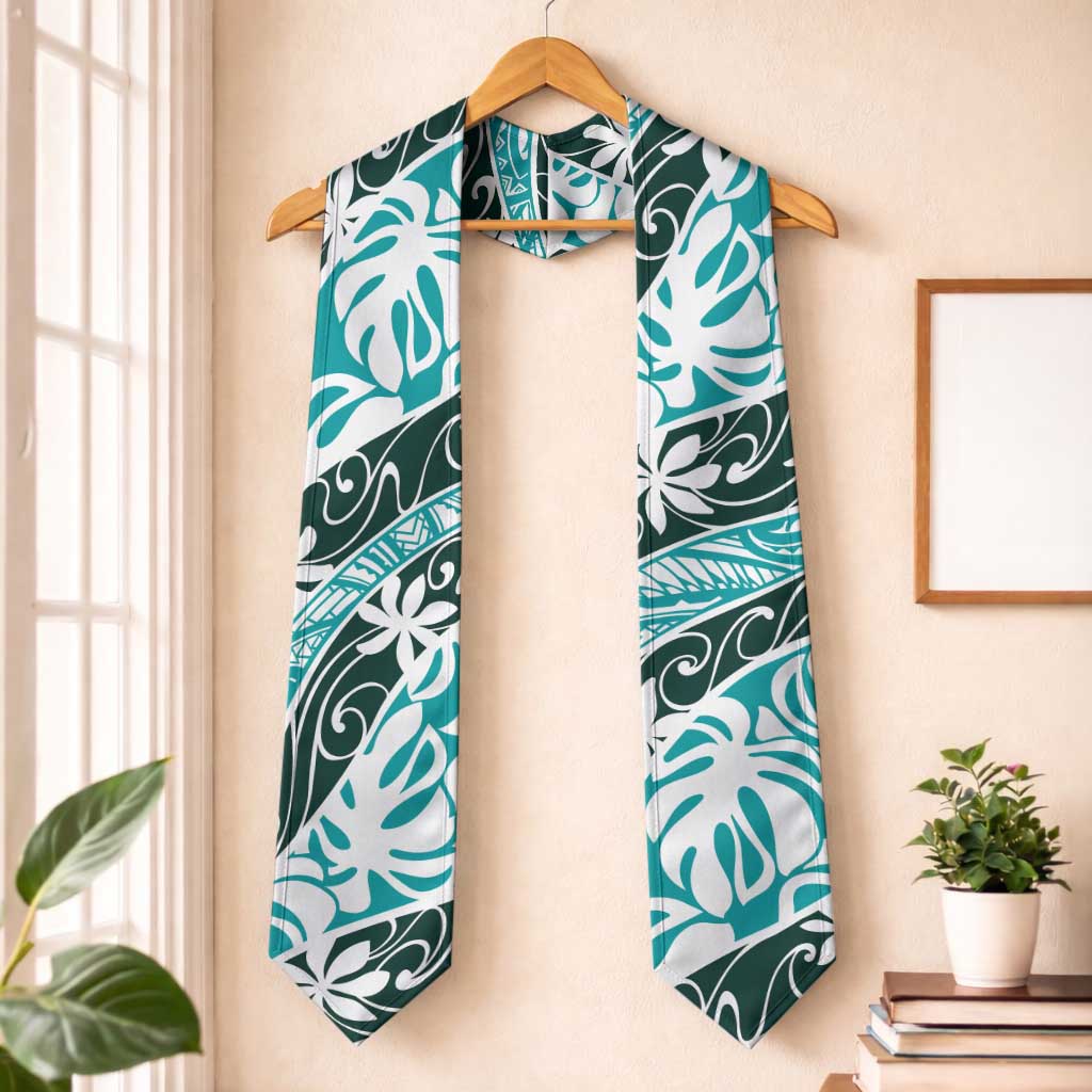 Cyan Tahiti Tiare Monstera Graduation Stole Polynesian Pattern Curve Style