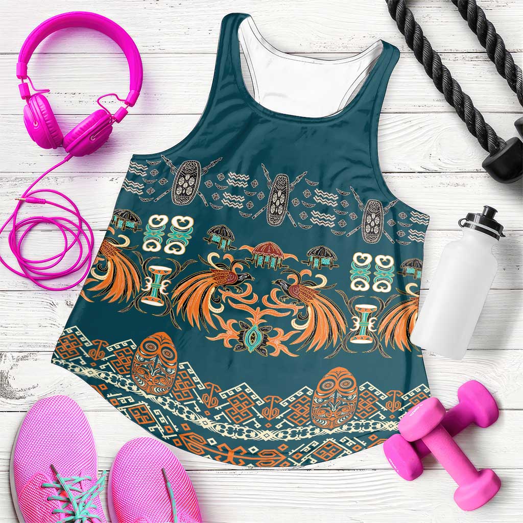 Dark Cyan Blue Batik Papua-inspired Pattern Women Racerback Tank LT9 Blue - Polynesian Pride