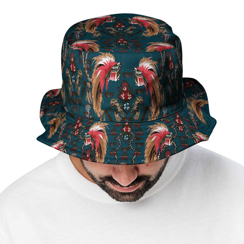 Dark Cyan Blue Bird of Batik Papua Bucket Hat Exotic Natural Wealth of Papua - Polynesian Pride