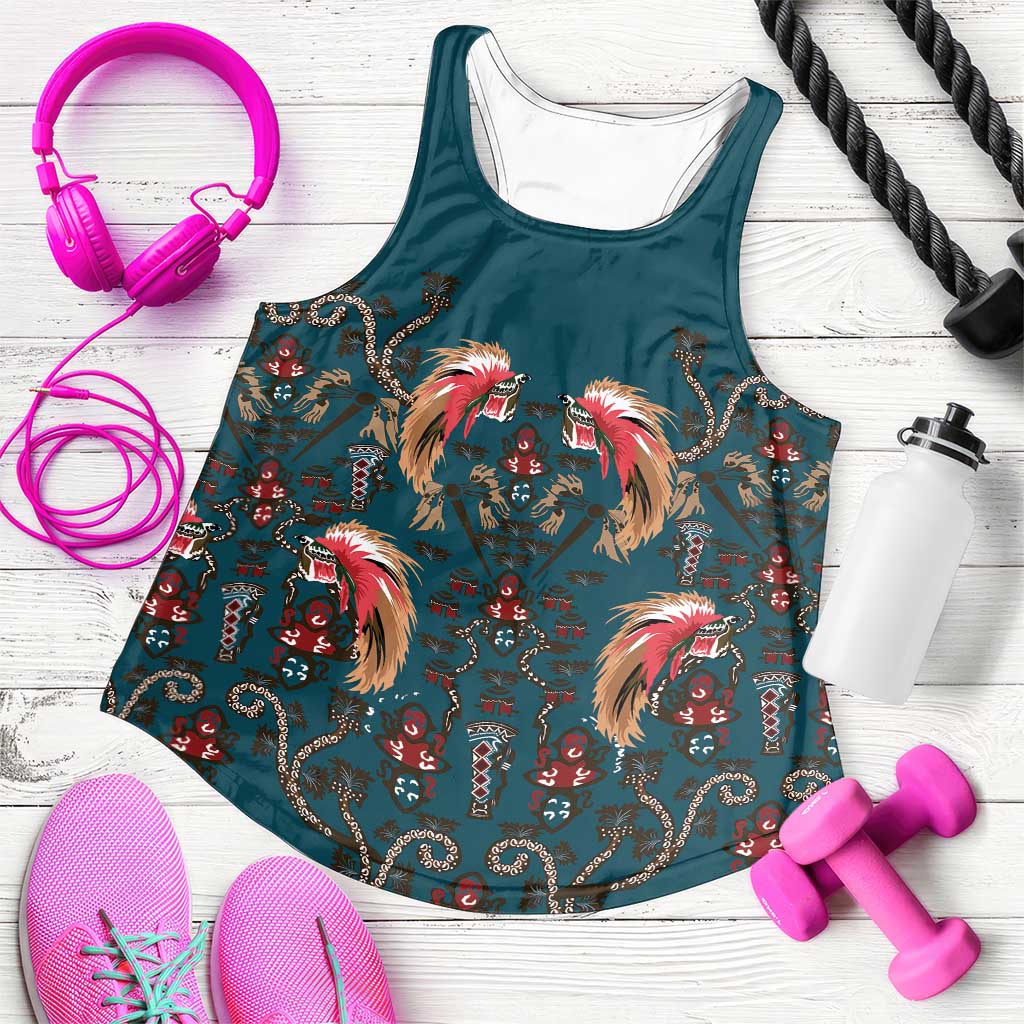 Dark Cyan Blue Bird of Batik Papua Women Racerback Tank Exotic Natural Wealth of Papua LT9 Blue - Polynesian Pride