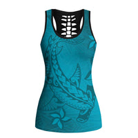 Dark Cyan Gradient Polynesia Hollow Tank Top Hawaiian Tribal Hammerhead Shark Tattoo - Polynesian Pride