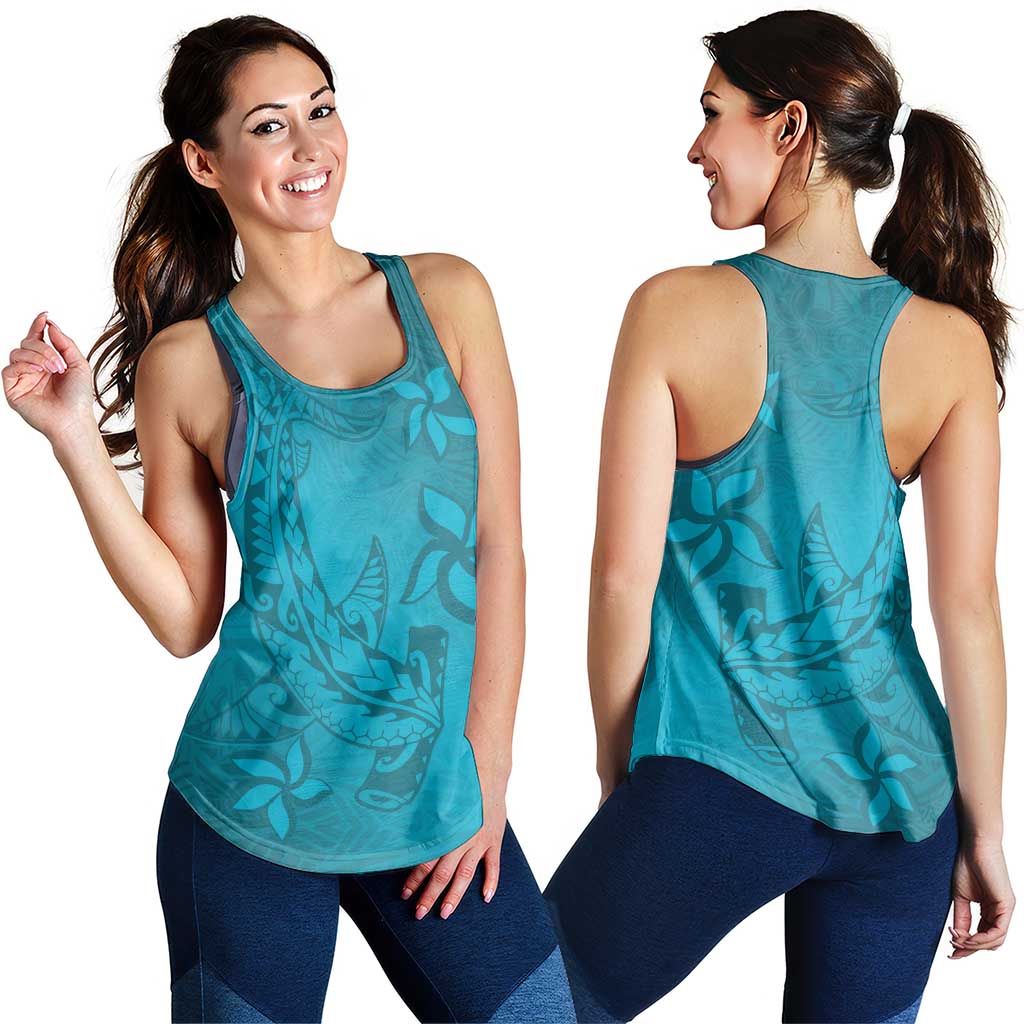 Dark Cyan Gradient Polynesia Women Racerback Tank Hawaiian Tribal Hammerhead Shark Tattoo - Polynesian Pride