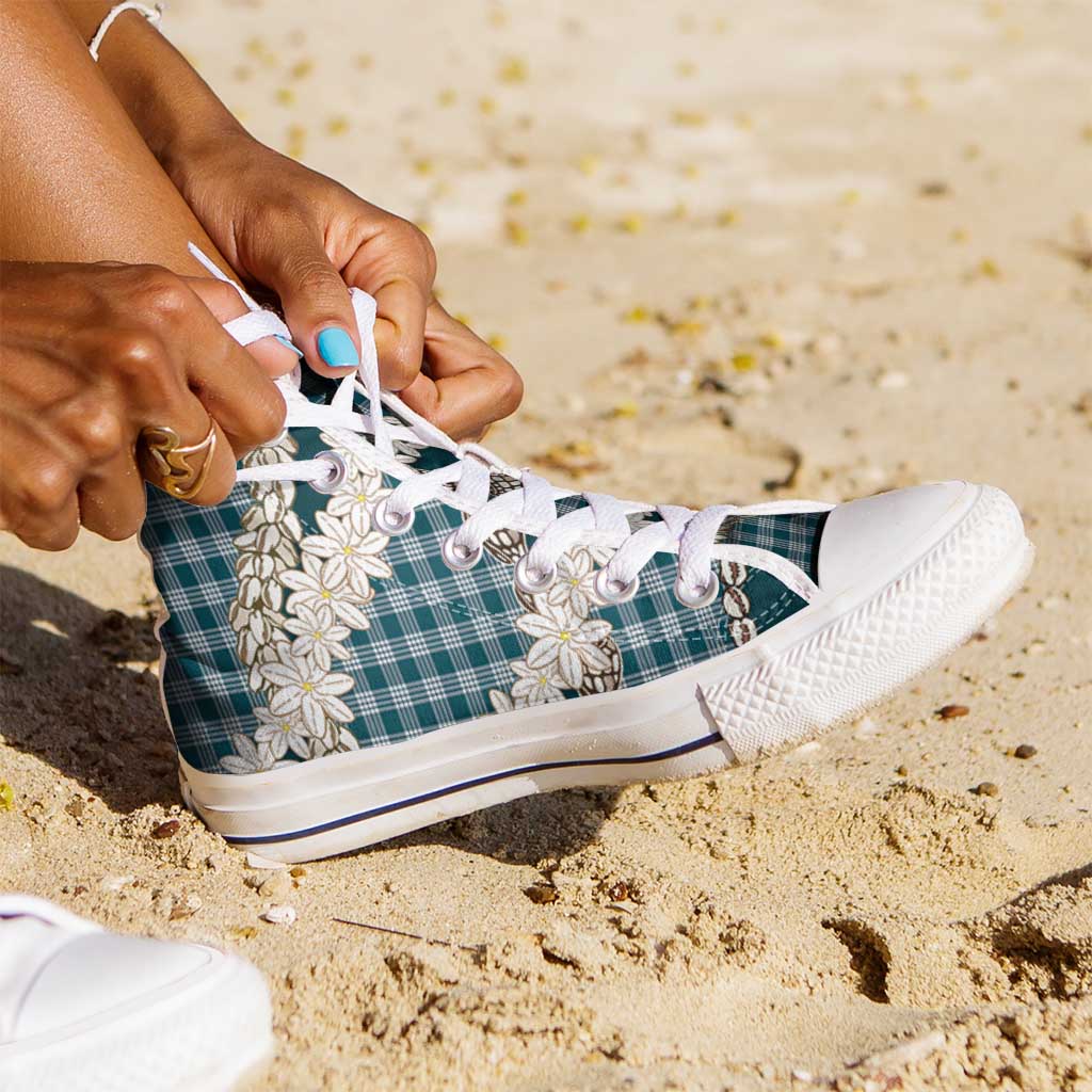 Dark Cyan Hawaii Tiare and Shell Lei High Top Shoes Hawaiian Palaka Luxury Vibes - Polynesian Pride