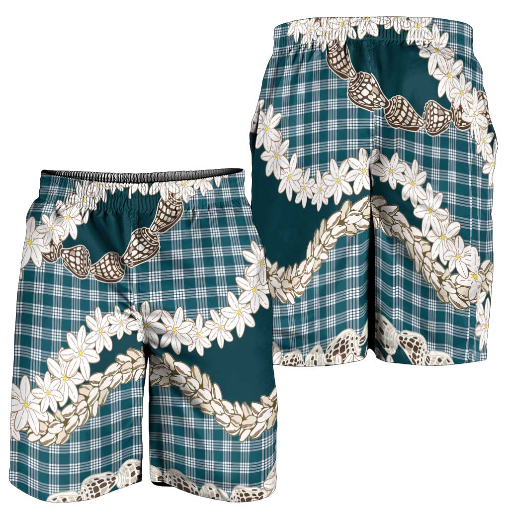 Dark Cyan Hawaii Tiare and Shell Lei Shorts for Men Hawaiian Palaka Luxury Vibes - Polynesian Pride