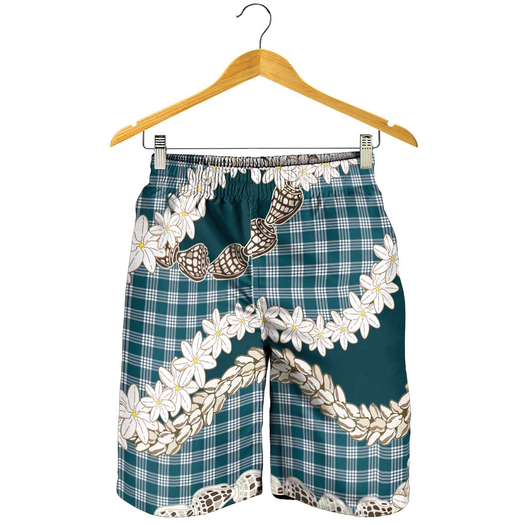 Dark Cyan Hawaii Tiare and Shell Lei Shorts for Men Hawaiian Palaka Luxury Vibes - Polynesian Pride