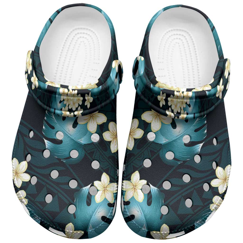 Dark Cyan Tropical Hawaii Clogs Shoes Seamless Monstera Plumeria Hawaiian Pattern - Polynesian Pride