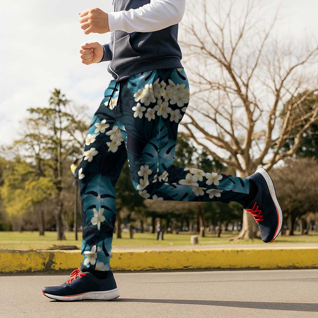 Dark Cyan Tropical Hawaii Jogger Pants Seamless Monstera Plumeria Hawaiian Pattern - Polynesian Pride
