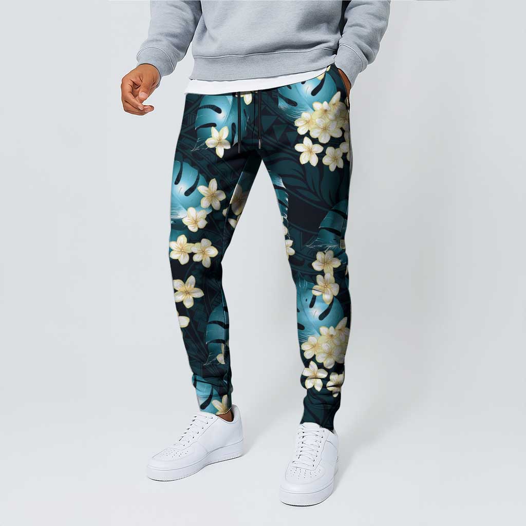 Dark Cyan Tropical Hawaii Jogger Pants Seamless Monstera Plumeria Hawaiian Pattern - Polynesian Pride