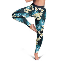 Dark Cyan Tropical Hawaii Leggings Seamless Monstera Plumeria Hawaiian Pattern - Polynesian Pride