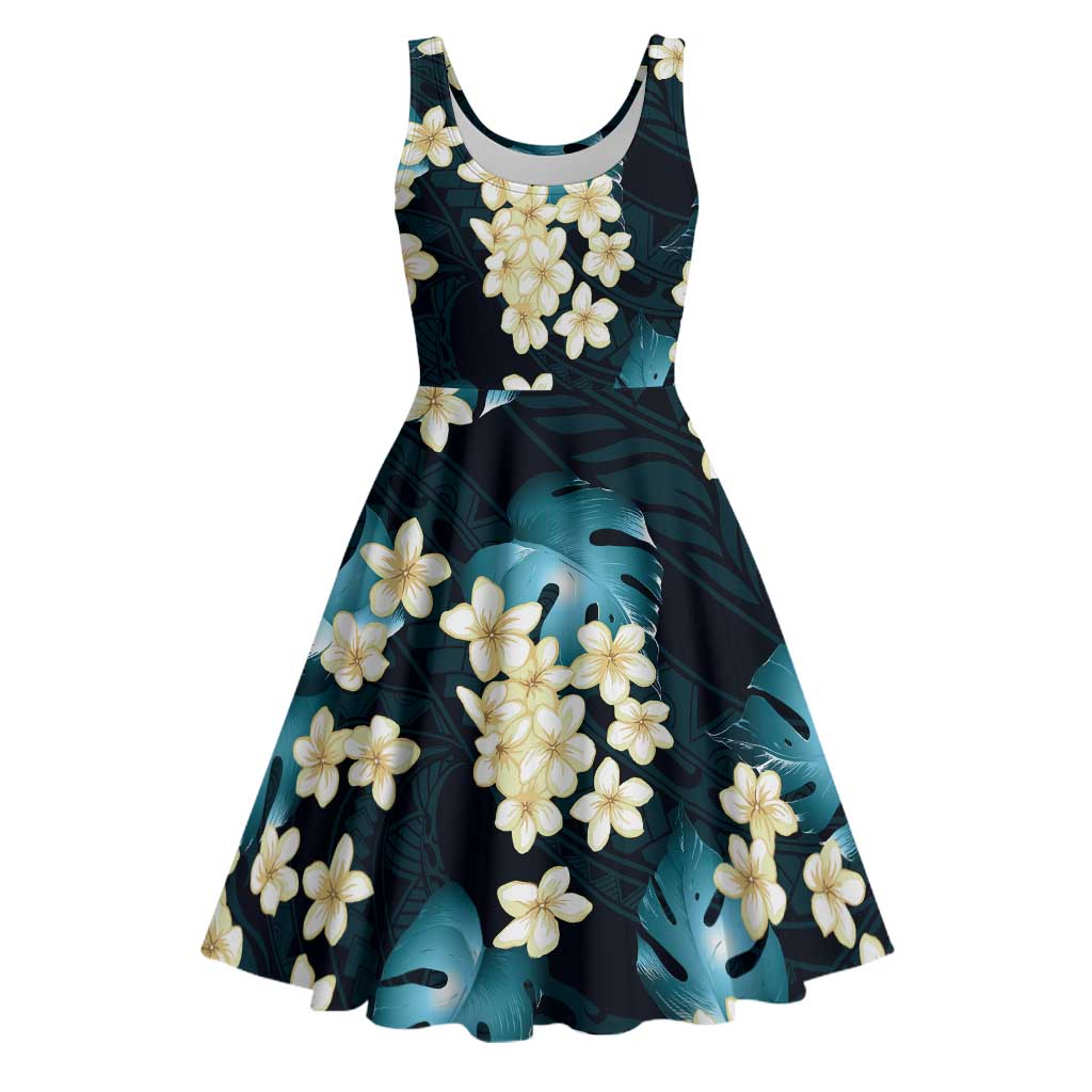 Dark Cyan Tropical Hawaii Midi Dress Seamless Monstera Plumeria Hawaiian Pattern LT14 Dark Cyan - Polynesian Pride