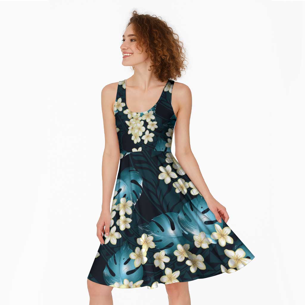 Dark Cyan Tropical Hawaii Midi Dress Seamless Monstera Plumeria Hawaiian Pattern LT14 - Polynesian Pride