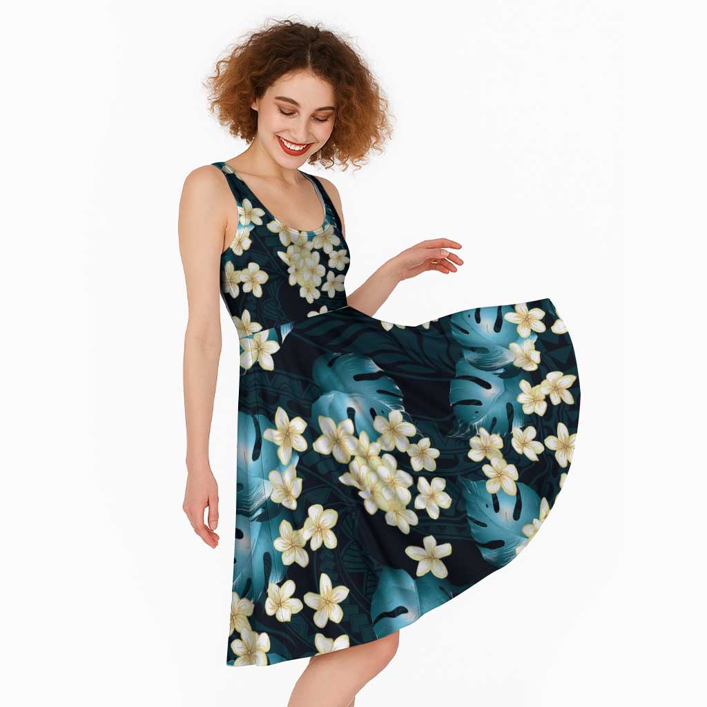 Dark Cyan Tropical Hawaii Midi Dress Seamless Monstera Plumeria Hawaiian Pattern LT14 - Polynesian Pride