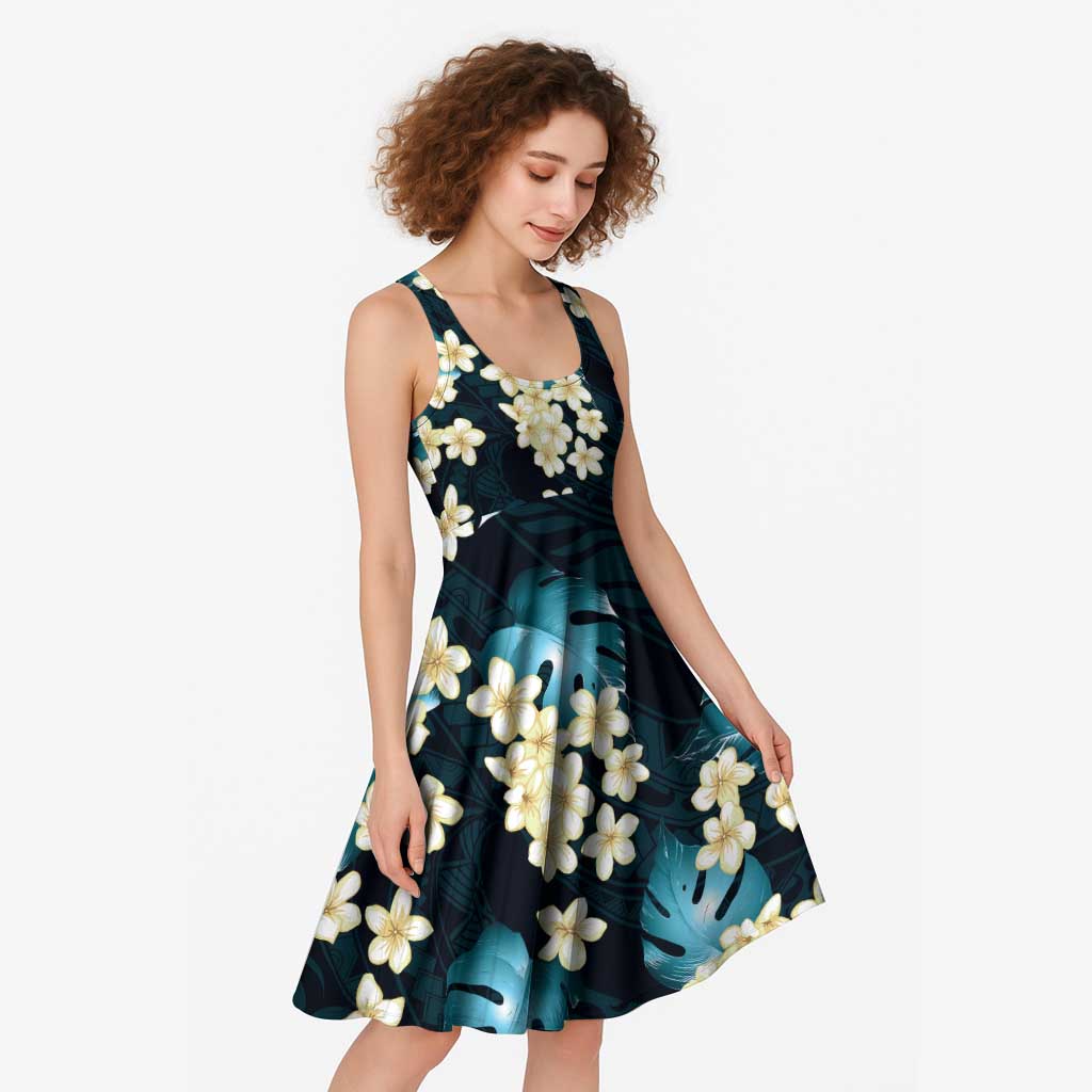 Dark Cyan Tropical Hawaii Midi Dress Seamless Monstera Plumeria Hawaiian Pattern LT14 - Polynesian Pride