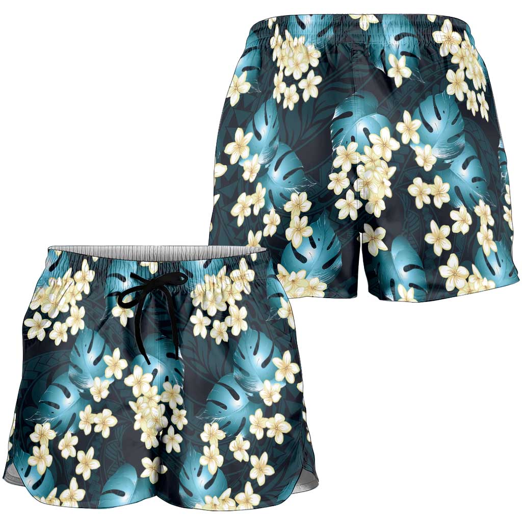 Dark Cyan Tropical Hawaii Shorts for Women Seamless Monstera Plumeria Hawaiian Pattern - Polynesian Pride
