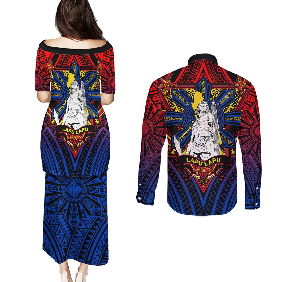 Filipinos Lapu-lapu Hero Couples Matching Puletasi Dress and Long Sleeve Button Shirt Philippines Flag and Sun DT02 - Polynesian Pride