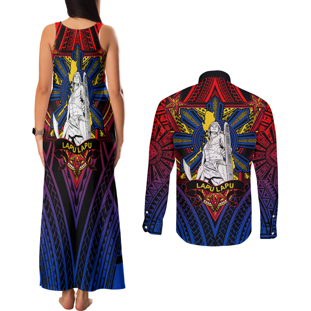 Filipinos Lapu-lapu Hero Couples Matching Tank Maxi Dress and Long Sleeve Button Shirt Philippines Flag and Sun DT02 - Polynesian Pride