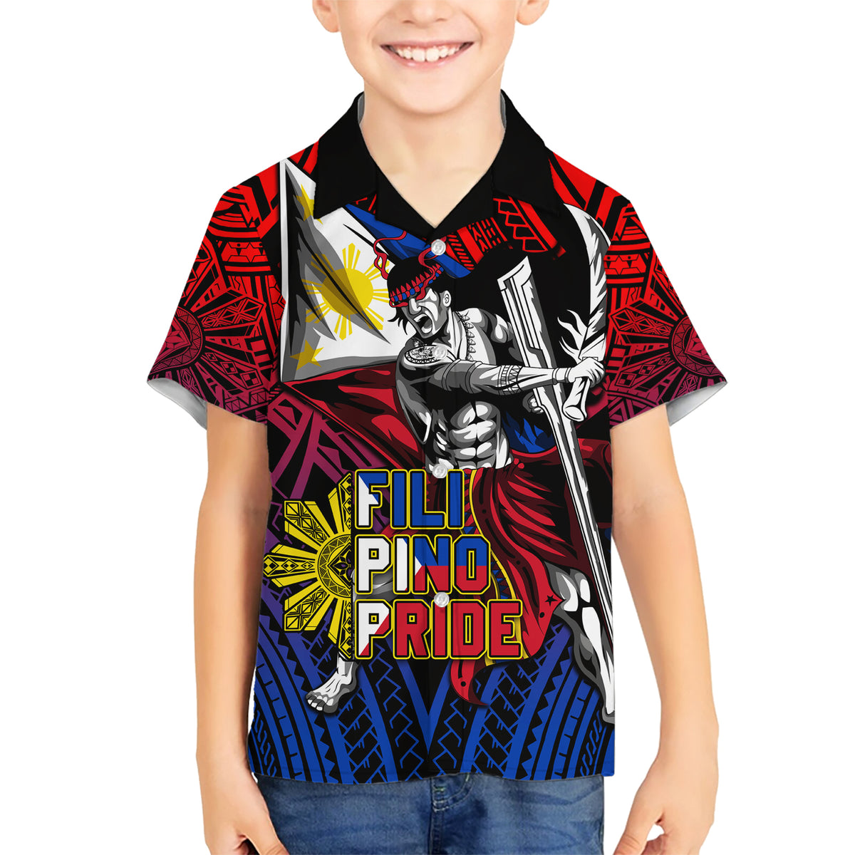 Filipinos Lapu-lapu Hero Family Matching Short Sleeve Bodycon Dress and Hawaiian Shirt Philippines Flag and Sun DT02 Son's Shirt Art - Polynesian Pride