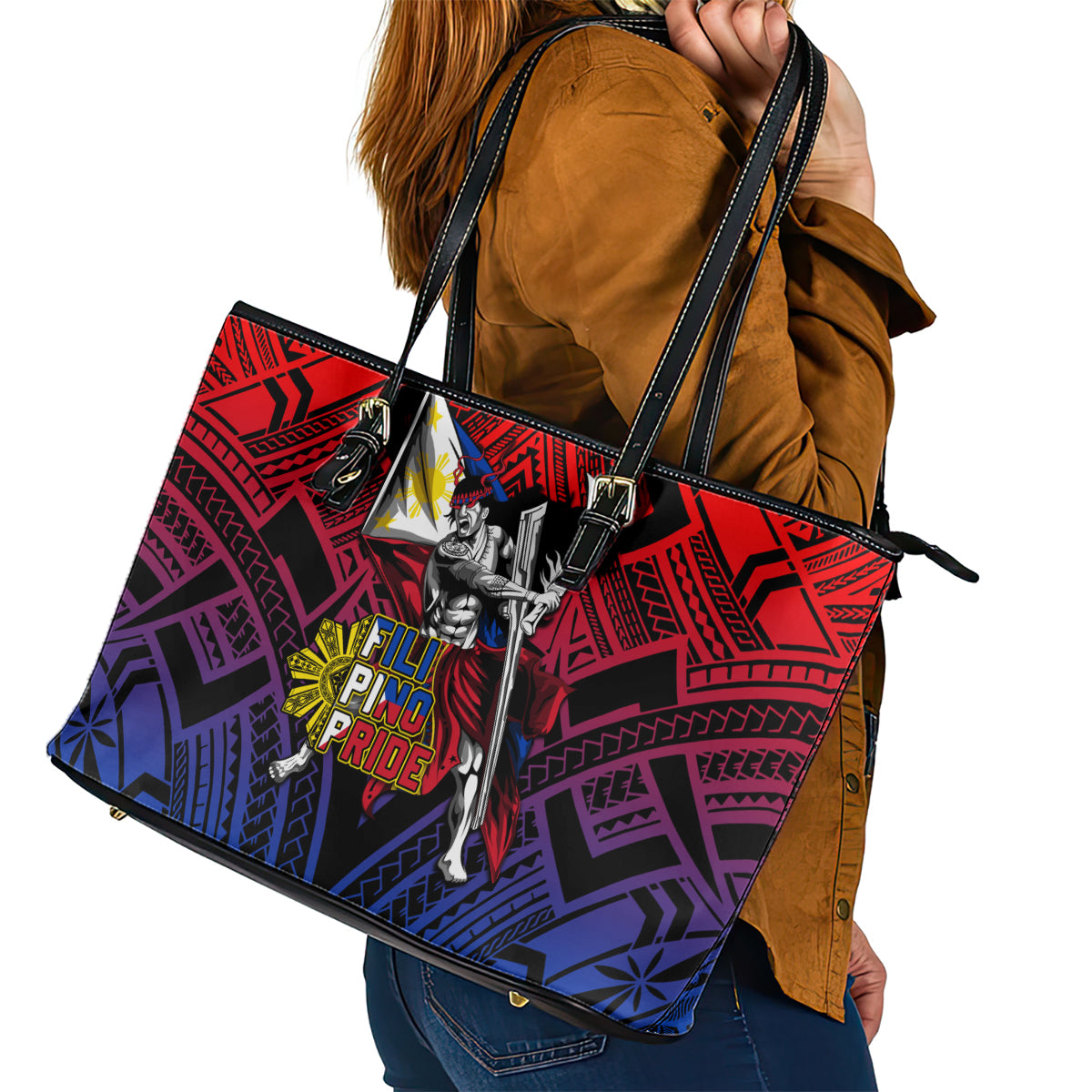 Filipinos Lapu-lapu Hero Leather Tote Bag Philippines Flag and Sun DT02 - Polynesian Pride
