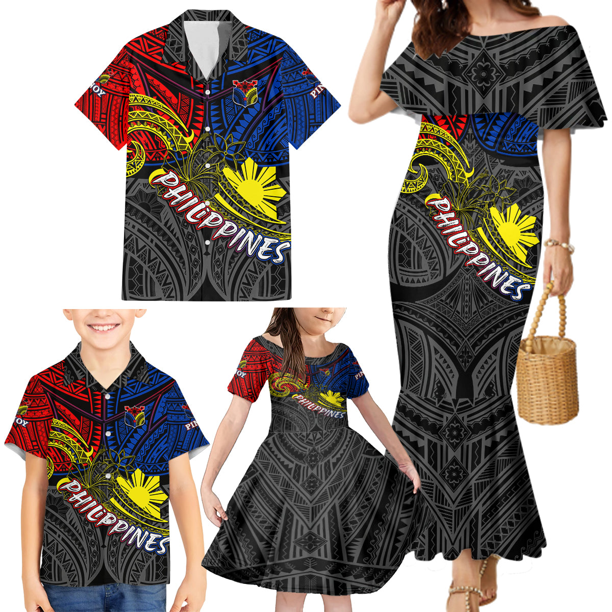 Philippines Half Sleeve Tattoo Family Matching Mermaid Dress and Hawaiian Shirt Pinoy Filipinos Sun DT02 - Polynesian Pride