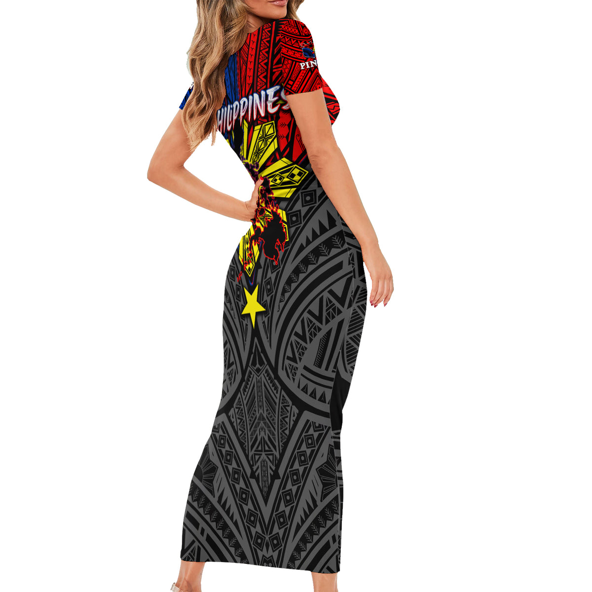 Philippines Half Sleeve Tattoo Short Sleeve Bodycon Dress Pinoy Filipinos Sun DT02 - Polynesian Pride