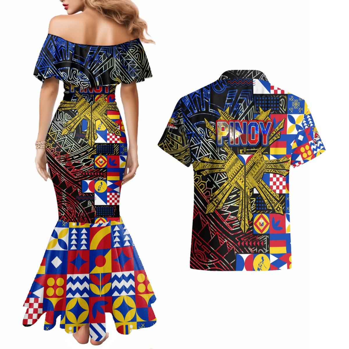 Pinoy Philippines Couples Matching Mermaid Dress and Hawaiian Shirt Filipino Tattoo Art Style DT02 - Polynesian Pride