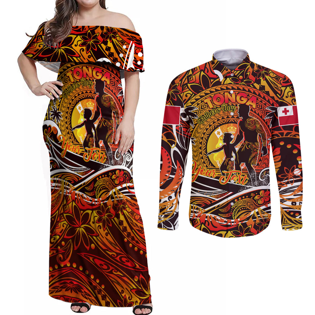 Father's Day Tonga Couples Matching Off Shoulder Maxi Dress and Long Sleeve Button Shirt Special Dad Polynesia Paradise DT02 Orange - Polynesian Pride